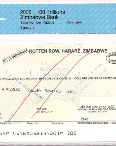A true aristocrat of the hyperinflationary era, this 100 Trillion Dollar Bankers Cheque was issued by ZB Bank Limited (formerly the Zimbabwe Banking Corporation).