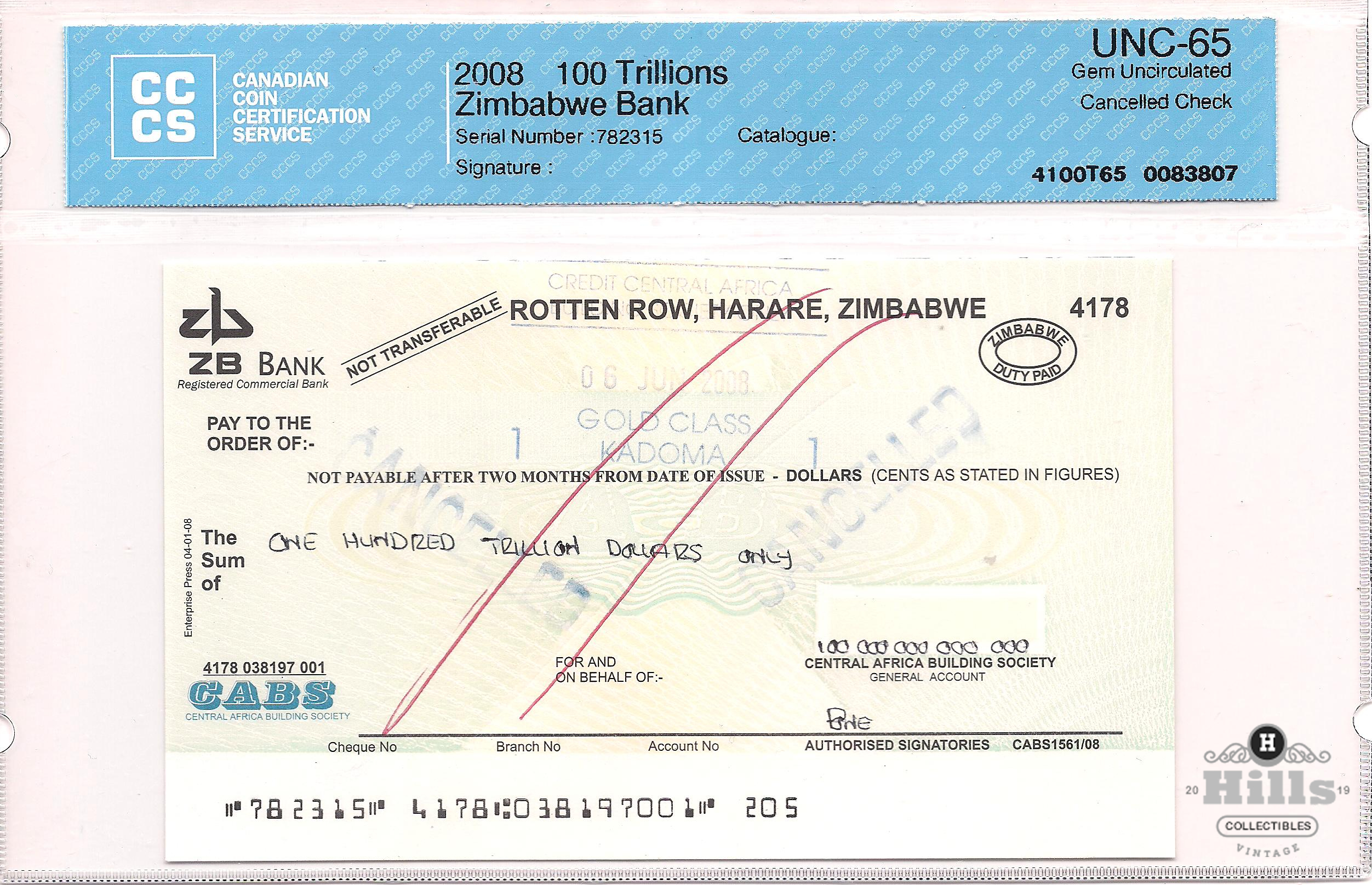 A true aristocrat of the hyperinflationary era, this 100 Trillion Dollar Bankers Cheque was issued by ZB Bank Limited (formerly the Zimbabwe Banking Corporation).